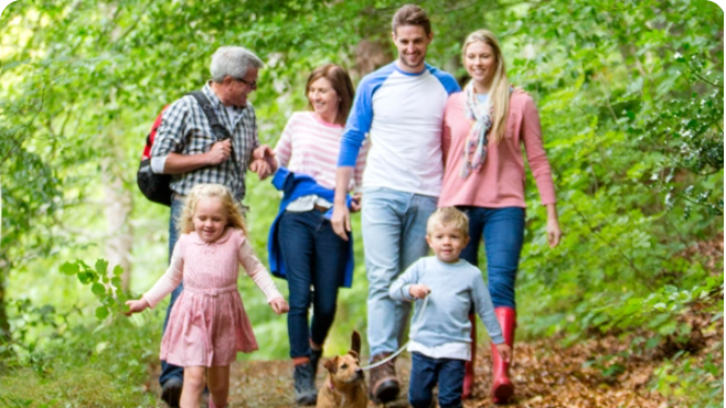 Familie mit Kind und Kegel spatziert freudig im Wald