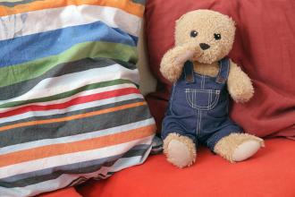 
		A teddy bear is sitting on a red sofa.
	