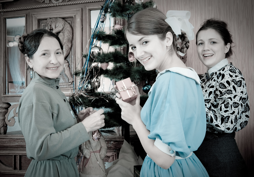 Black and white photo of a family celebrating Christmas