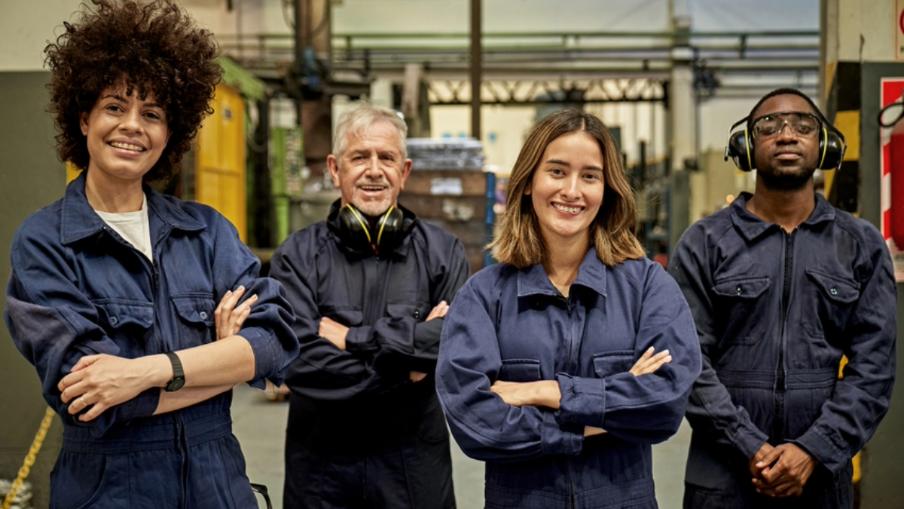 
		four people in blue overalls posing
	