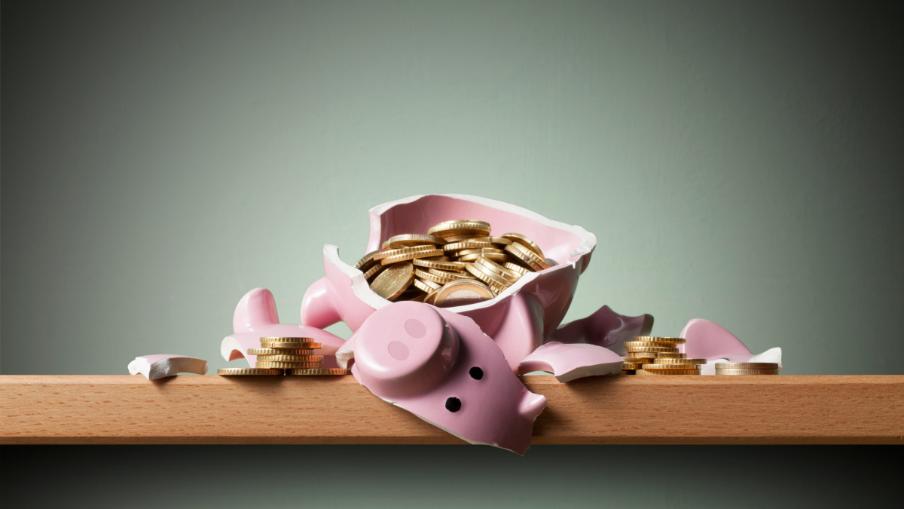 
		A piggy bank is broken open and the coins inside can be seen
	