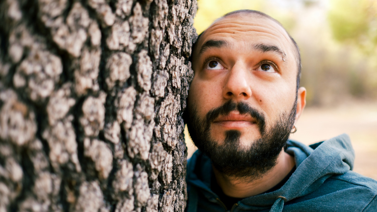 A man holds his ear to the bark of a tree