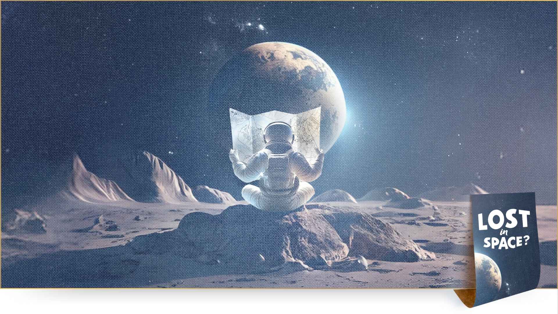 The picture shows a spaceman looking at a map