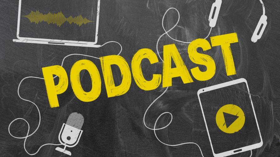 One graphic says podcast and shows headphones and a tablet