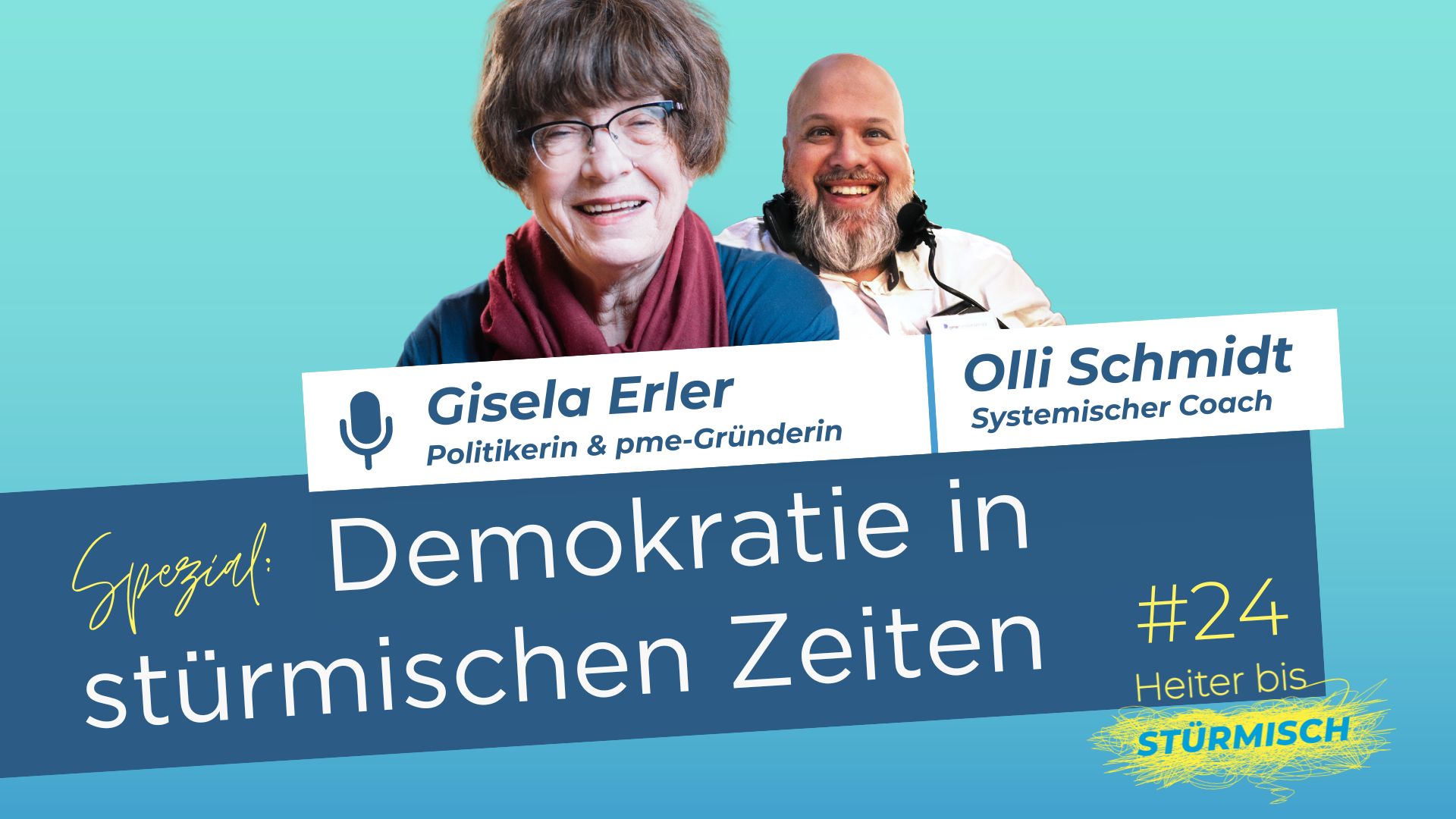 Graphic of the podcast Heiter bis stürmisch with the portraits of Oliver Schmidt and Gisela Erler